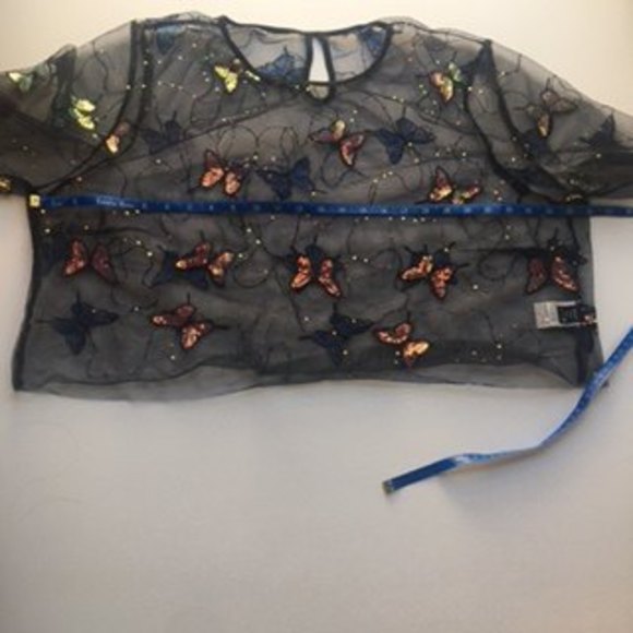 Shein black mesh crop top, sz 4xL, sequin butterflies - Picture 1 of 4